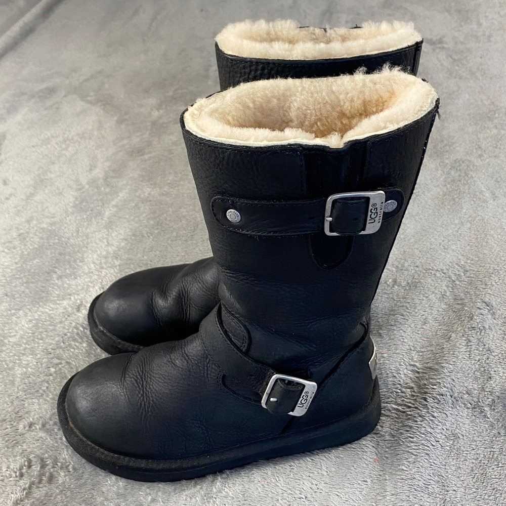 UGG Boots Womens 5 Black Kensington Leather Shearling Moto Buckle 5229